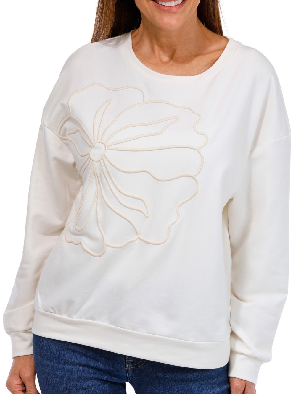 NWT Women’s Kaktus Cream Floral Embroidered Flower Pullover Sweatshirt Size L
